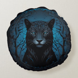 Beautiful Black Blue eyed Wild Leopard Round Cushion