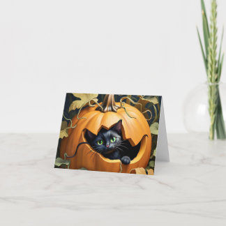 Beautiful black cat in pumpkin card