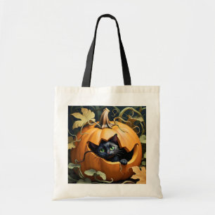 Beautiful black cat in pumpkin tote bag