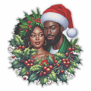 Beautiful Black couple Holly christmas wreath art