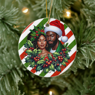 Beautiful Black couple Holly christmas wreath art Ceramic Ornament