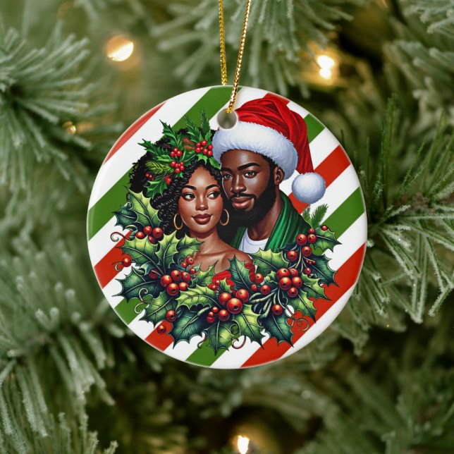 Beautiful Black couple Holly christmas wreath art Ceramic Ornament (Tree)