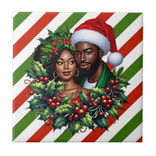 Beautiful Black couple Holly christmas wreath art Ceramic Tile