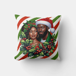 Beautiful Black couple Holly christmas wreath art Cushion
