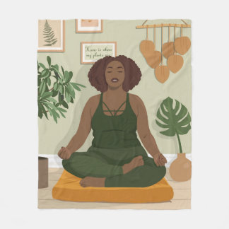 Beautiful black curvy woman meditating fleece blanket