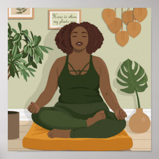 Beautiful black curvy woman meditating poster