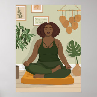 Beautiful black curvy woman meditating poster