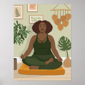Beautiful black curvy woman meditating poster