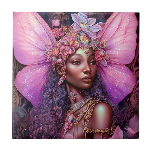 Beautiful Black Fairy Girl Fantasy Art Ceramic Tile (Front)