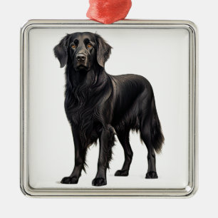 BEAUTIFUL BLACK FLAT COATED RETRIEVER DOG METAL ORNAMENT