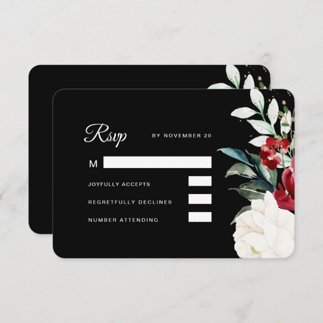 Beautiful Black Floral Christmas Wedding RSVP Card (Front/Back)