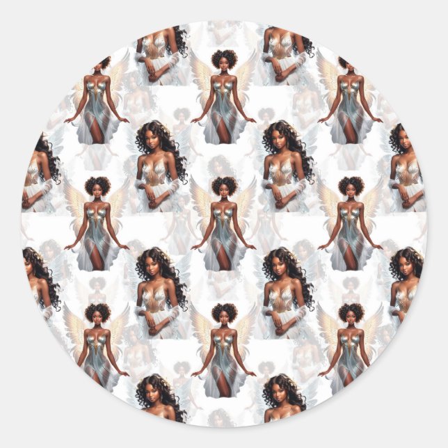 Beautiful Black Girl Angels Pattern Design  Classic Round Sticker (Front)
