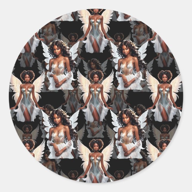 Beautiful Black Girl Angels Pattern Design -Dark Classic Round Sticker (Front)