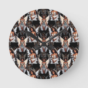 Beautiful Black Girl Angels Pattern Design -Dark Round Clock