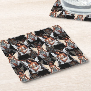 Beautiful Black Girl Angels Pattern Design -Dark Square Paper Coaster
