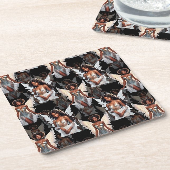 Beautiful Black Girl Angels Pattern Design -Dark Square Paper Coaster (Creator Uploaded)