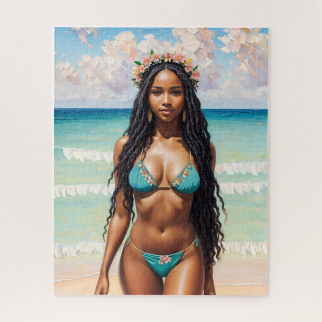 Beautiful Black Girl In Teal Bikini Art Jigsaw Puzzle (Vertical)