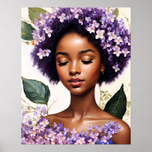 Beautiful Black Girl Purple Flowers Portrait Poster