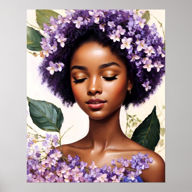 Beautiful Black Girl Purple Flowers Portrait Poster (Front)