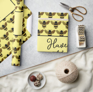 BEAUTIFUL BLACK GOLD BUMBLEBEE BEE TEXT YELLOW WRAPPING PAPER