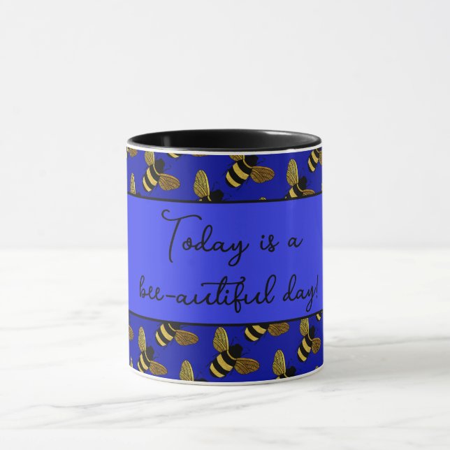 BEAUTIFUL BLACK GOLD BUMBLEBEE HAPPY BEE TEXT MUG (Center)