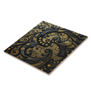 Beautiful Black & Gold Floral and Beads Abstract Ceramic Tile