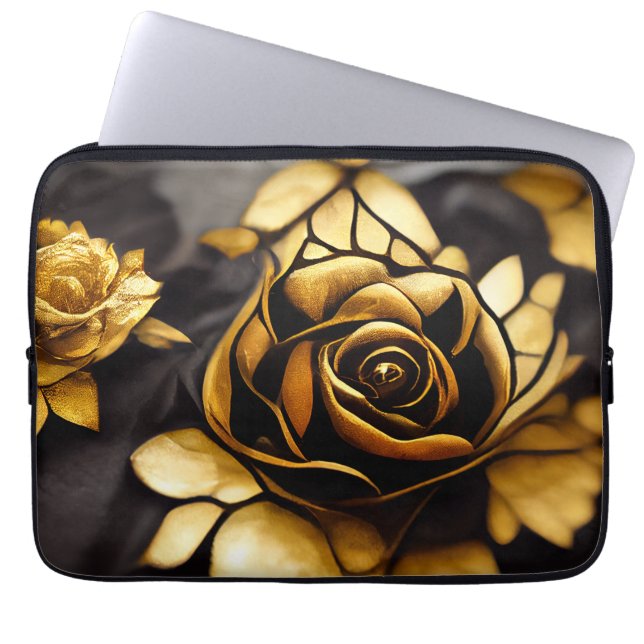 BEAUTIFUL BLACK & GOLD ROSES LAPTOP SLEEVE (Front)