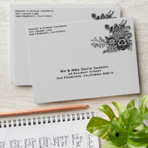 Beautiful Black & Grey Flowers Wedding Envelope