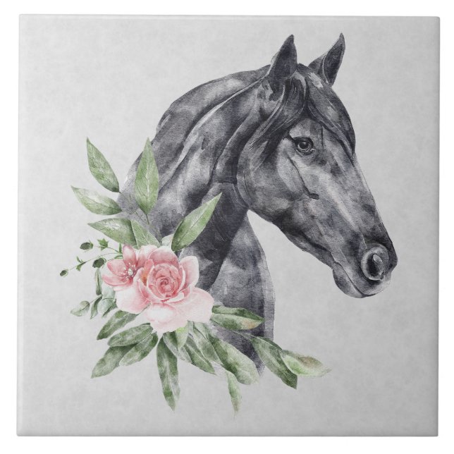 Beautiful Black Horse Head Portrait Watercolor Ceramic Tile (Front)
