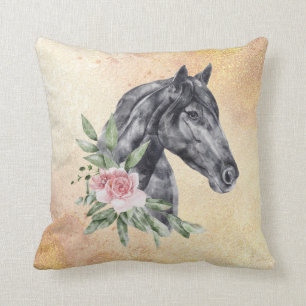 Beautiful Black Horse Head Portrait Watercolor Cushion