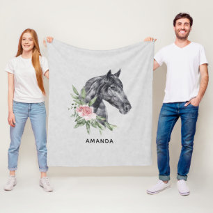 Beautiful Black Horse Head Portrait Watercolor Fleece Blanket