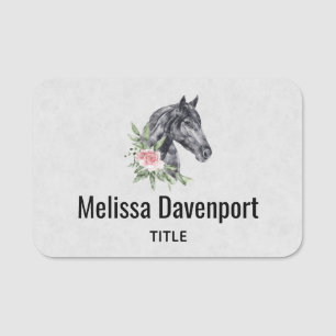 Beautiful Black Horse Head Portrait Watercolor Name Tag