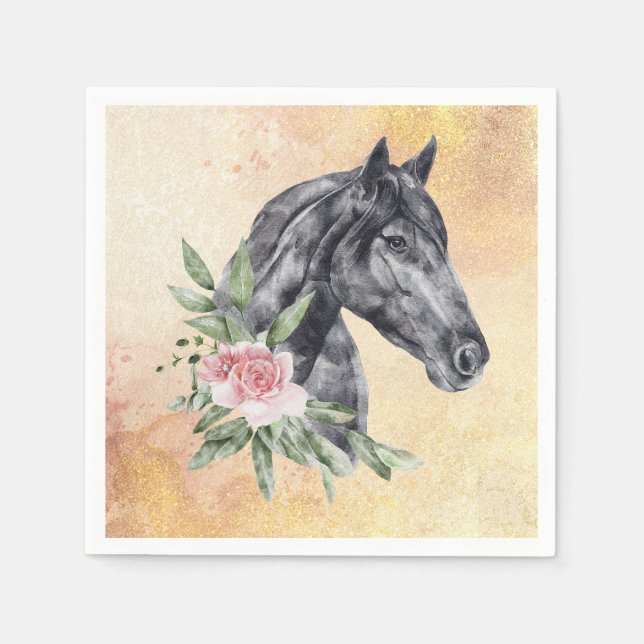 Beautiful Black Horse Head Portrait Watercolor Napkin (Front)
