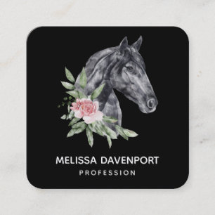 Beautiful Black Horse Head Portrait Watercolor Square Business Card