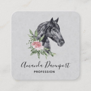 Beautiful Black Horse Head Portrait Watercolor Square Business Card