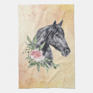 Beautiful Black Horse Head Portrait Watercolor Tea Towel