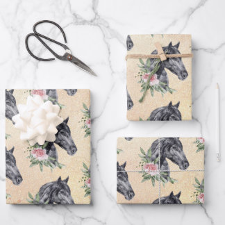 Beautiful Black Horse Head Portrait Watercolor Wrapping Paper Sheet