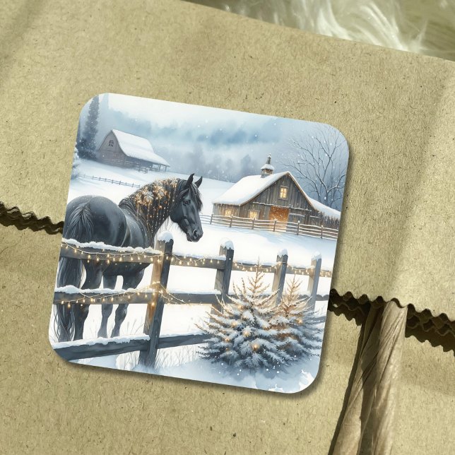 Beautiful Black Horse on a Christmas Farm Square Sticker (Creator Uploaded)