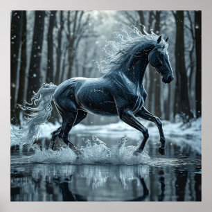 Beautiful Black Horse Running Through Water Poster