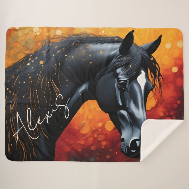 Beautiful Black Horse Sherpa Blanket (Front (Horizontal))