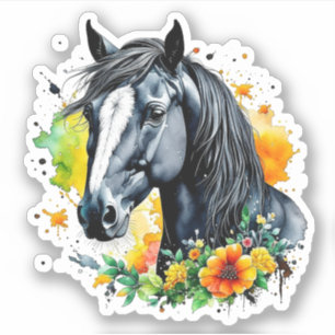 Beautiful Black Horse Surrounded by Yellow Flowers