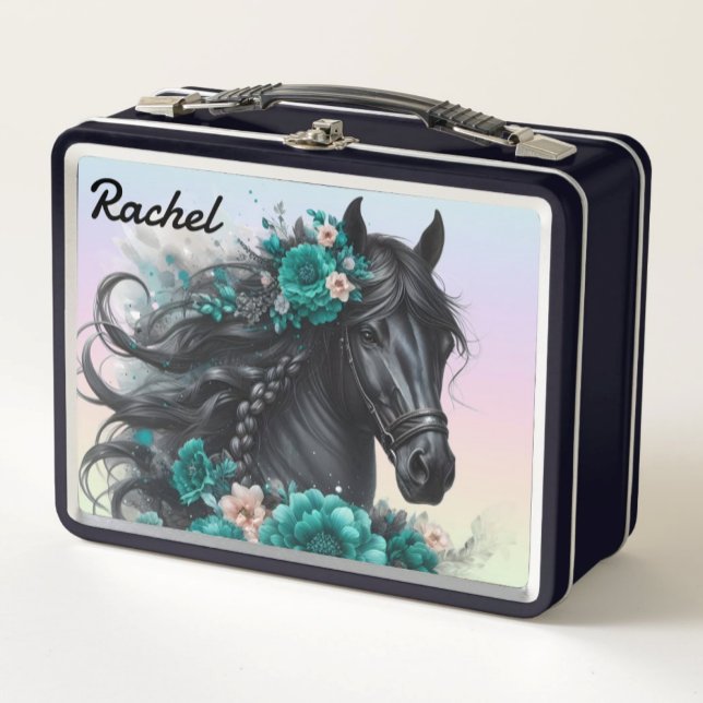 Beautiful Black Horse with Teal Flowers Metal Lunch Box (Creator Uploaded)