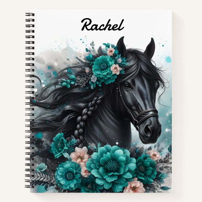 Beautiful Black Horse with Teal Flowers Notebook (Front)