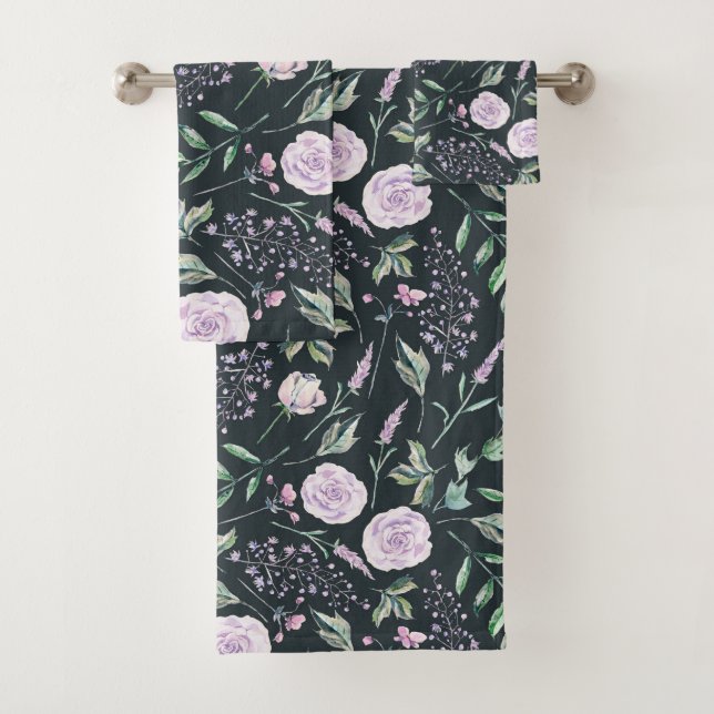 Beautiful Black Lavender Floral Pattern Bath Towel Set (Insitu)