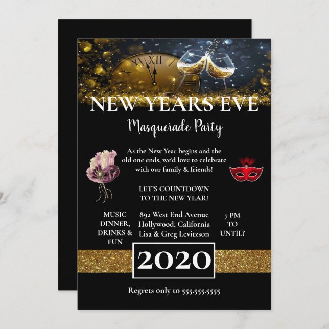 Beautiful Black New Years Eve Party Invitation (Front/Back)