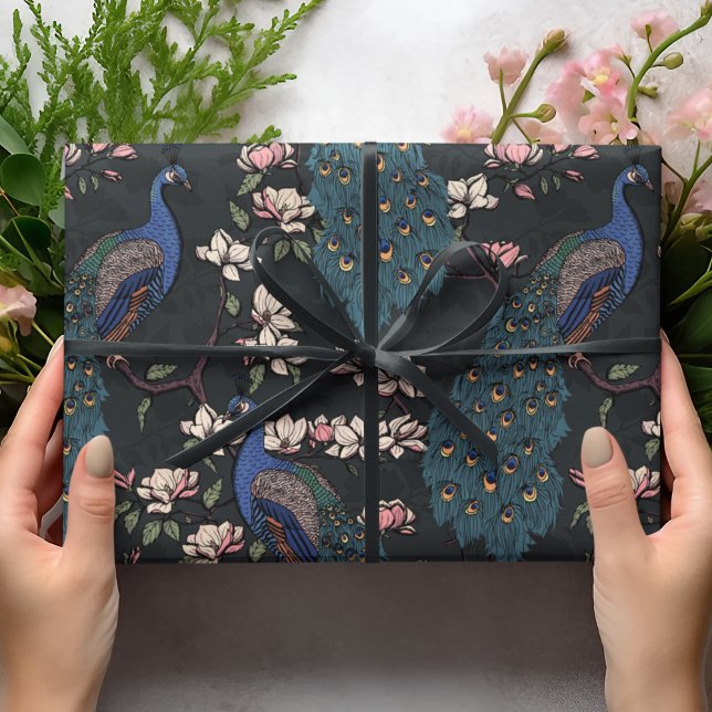 Beautiful Black Peacocks and Magnolia Flowers Wrapping Paper (Elegant Floral Blue Peacock Birds, Magnolia Branches in Bloom, Almost Black Background. Hand Drawn.)