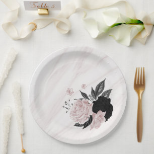 Beautiful black & pink flowers marble paper plate