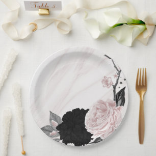 Beautiful black & pink flowers marble paper plate