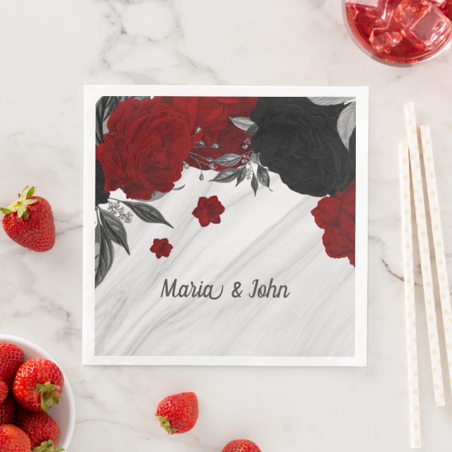 Beautiful black & red flowers marble napkin (Insitu)