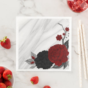 Beautiful black & red flowers marble napkin